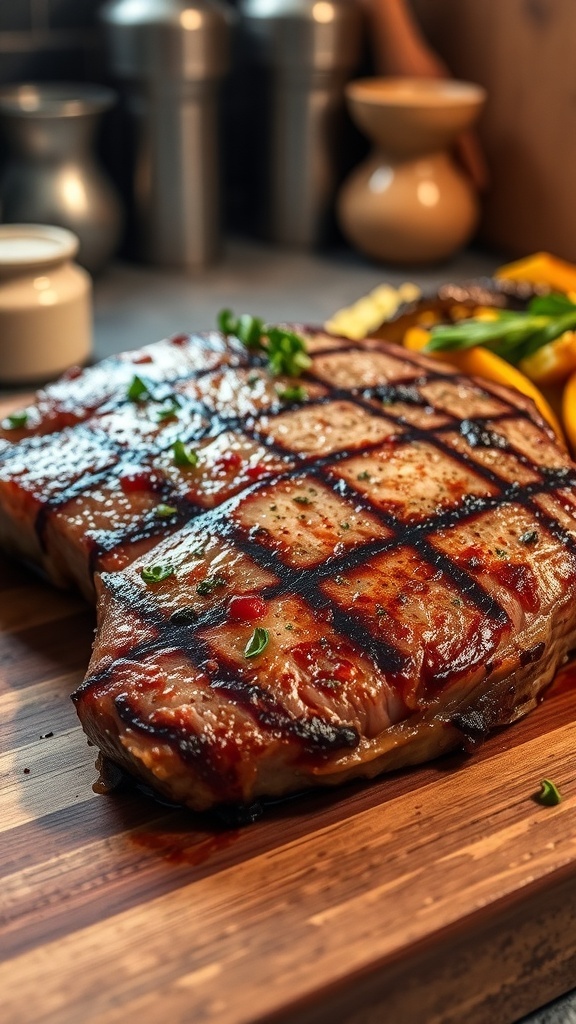 Juicy New York strip steak garnished with herbs on a cutting board, with roasted vegetables in the background.